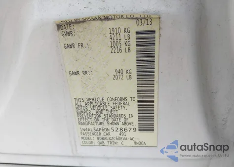 2013 Nissan Altima 2.5 Sl из США, поврежденный, VIN 1N4AL3AP6DN528679